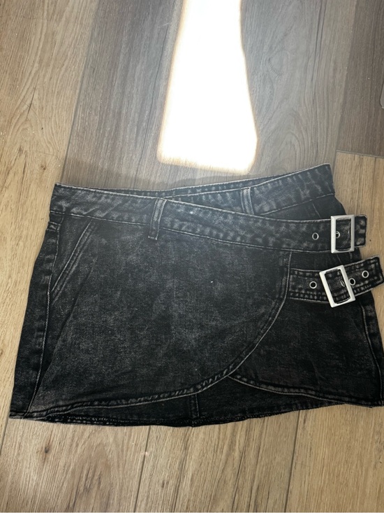 SHEIN Dresses & Skirts - SHEIN Black Washed Denim Mini Skirt with Double Buckle Wrap size medium